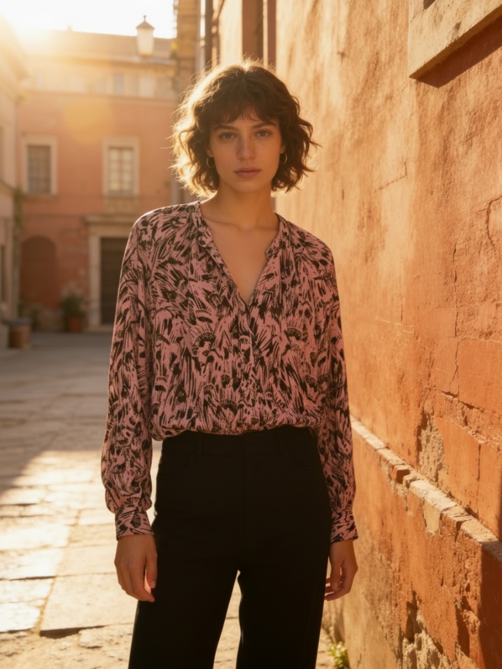 REISS Pink and Black Abstract Print Blouse Size 14